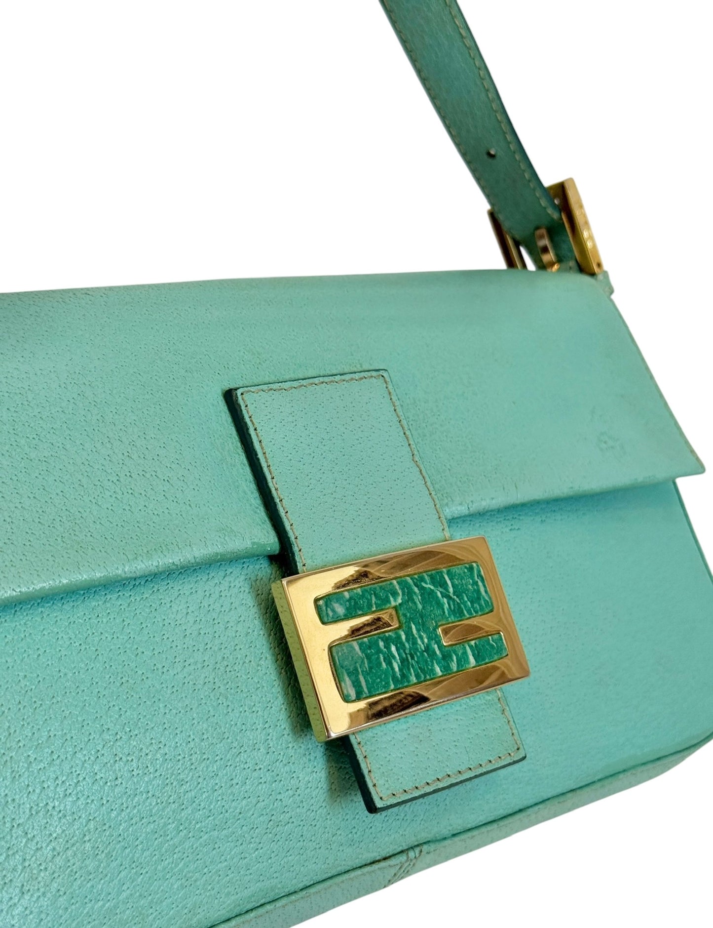 Fendi Vintage Blue Pebbled Leather Quartz Logo Shoulder Baguette Bag