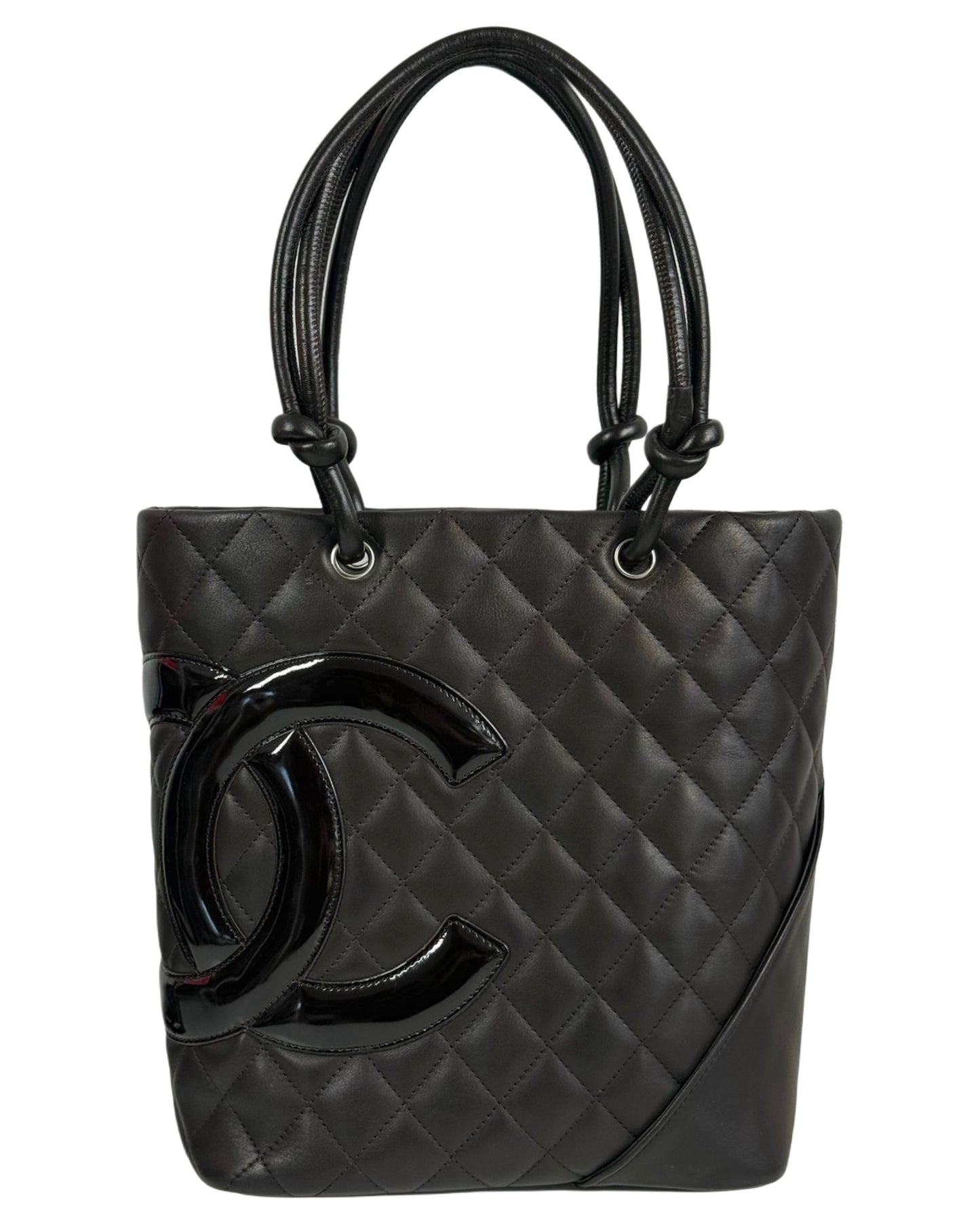 Chanel Vintage 00s Dark Brown Quilted Lambskin Patent Leather CC Cambon Small Shoulder Tote Bag