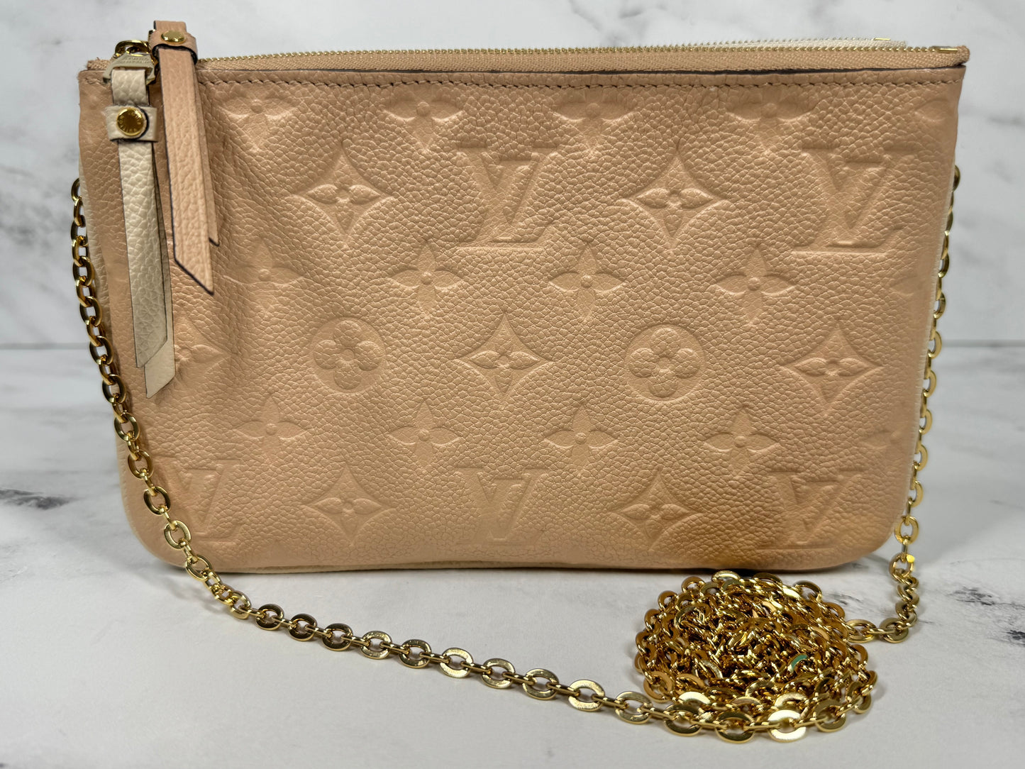 Louis Vuitton Beige & Rose Creme Monogram Empreinte Leather Double Zip Pochette Chain Bag