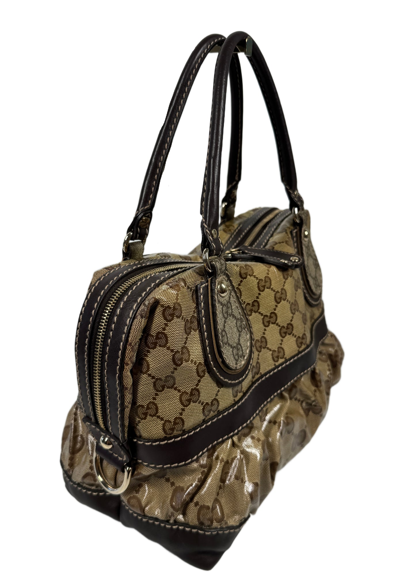 Gucci Vintage Coated Brown GG Monogram Canvas Crystal Mix Ruffle Handbag