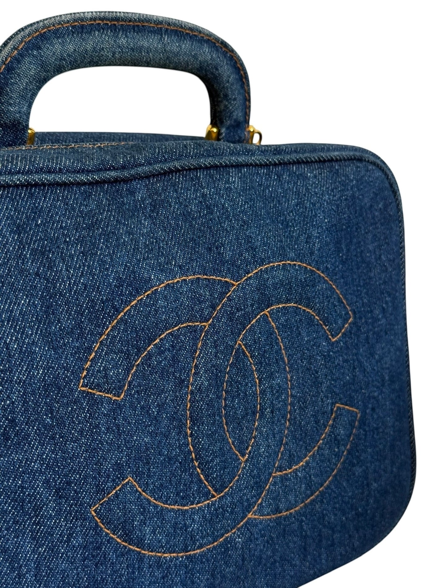 Chanel Vintage 90s Two-Way Denim CC Top Handle Vanity Case w Shoulder Crossbody Strap