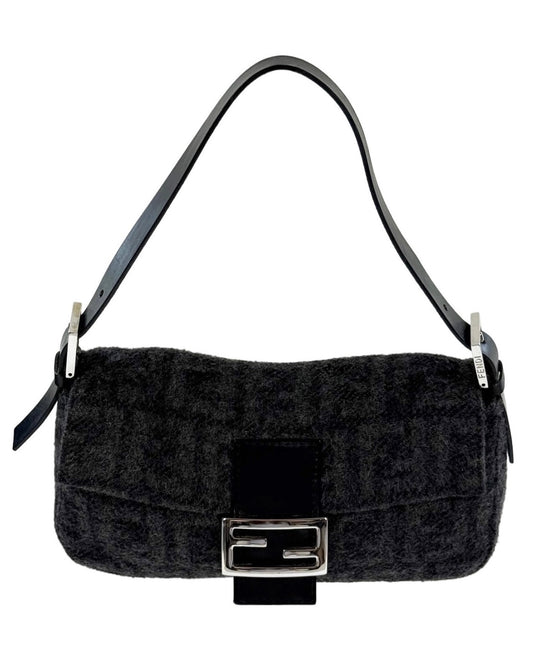 Fendi Vintage Gray Black Zucca Monogram Knit Wool Shoulder Baguette Bag