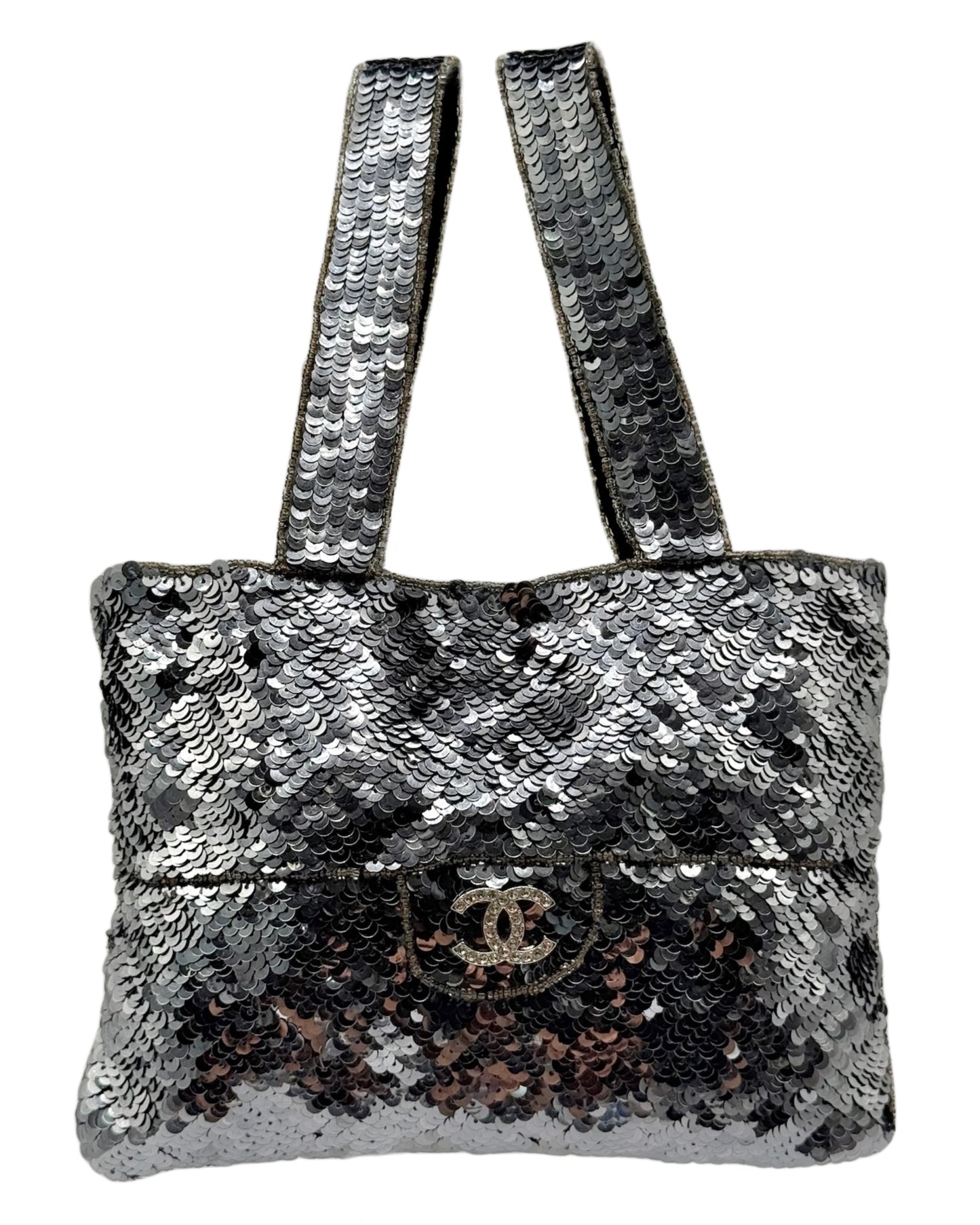 Chanel Vintage 90s Silver Sequin Beaded Crystal CC Mini Trompe L’oeil Evening Bag