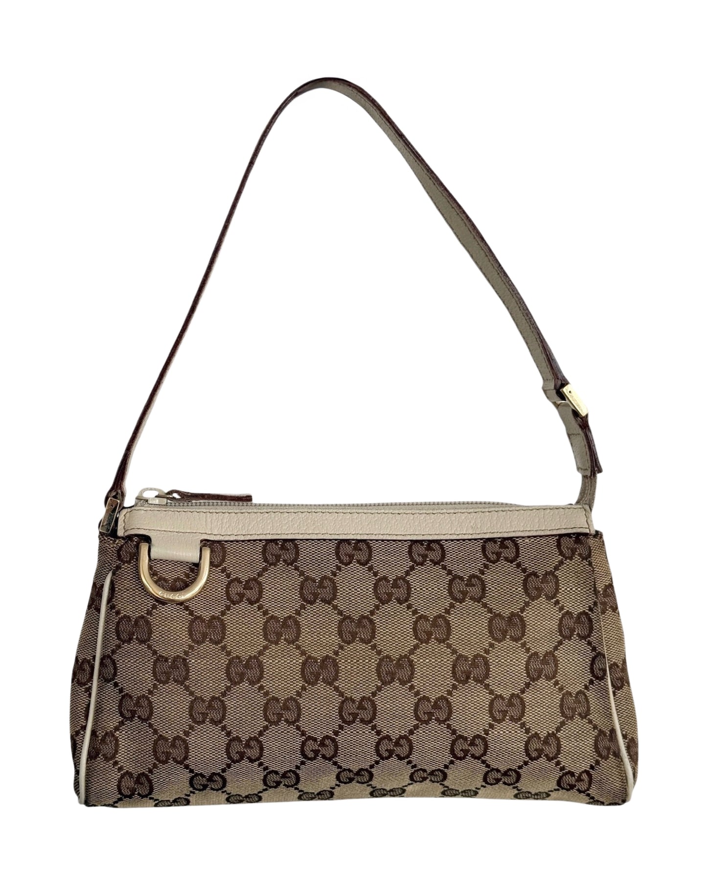 Gucci Vintage Brown GG Monogram Ivory Leather Trim Abbey Pochette