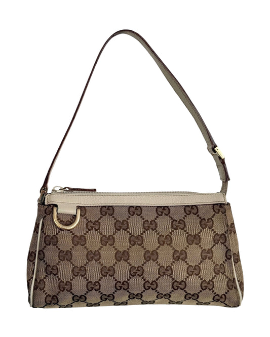 Gucci Vintage Brown GG Monogram Ivory Leather Trim Abbey Pochette