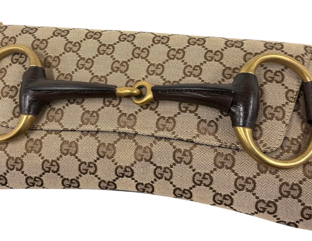 Gucci Vintage Brown GG Monogram Large Horsebit Shoulder Clutch Bag