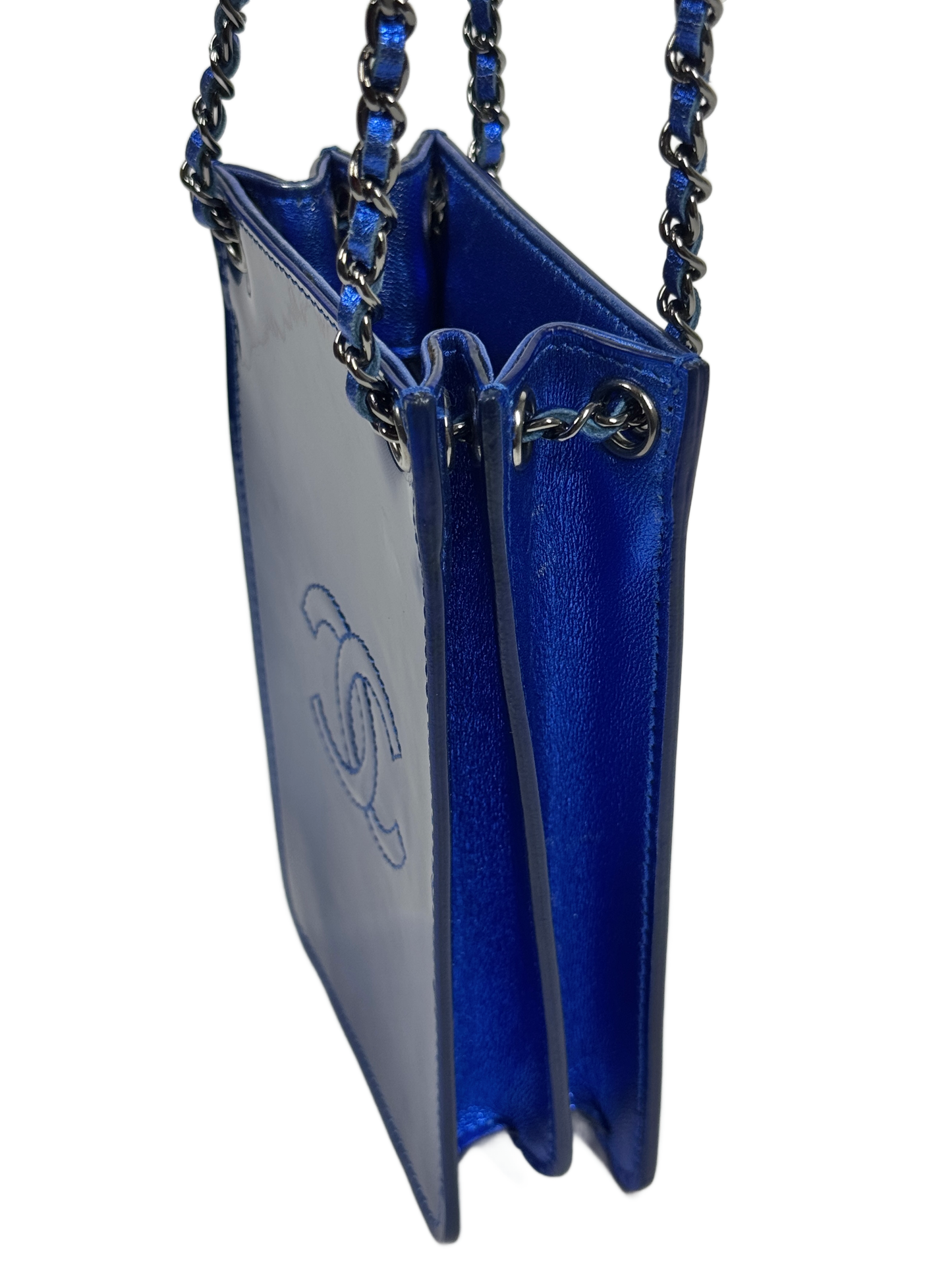 Chanel 2014 Cobalt Blue Metallic Patent Leather Phone Holder Shoulder Crossbody Bag