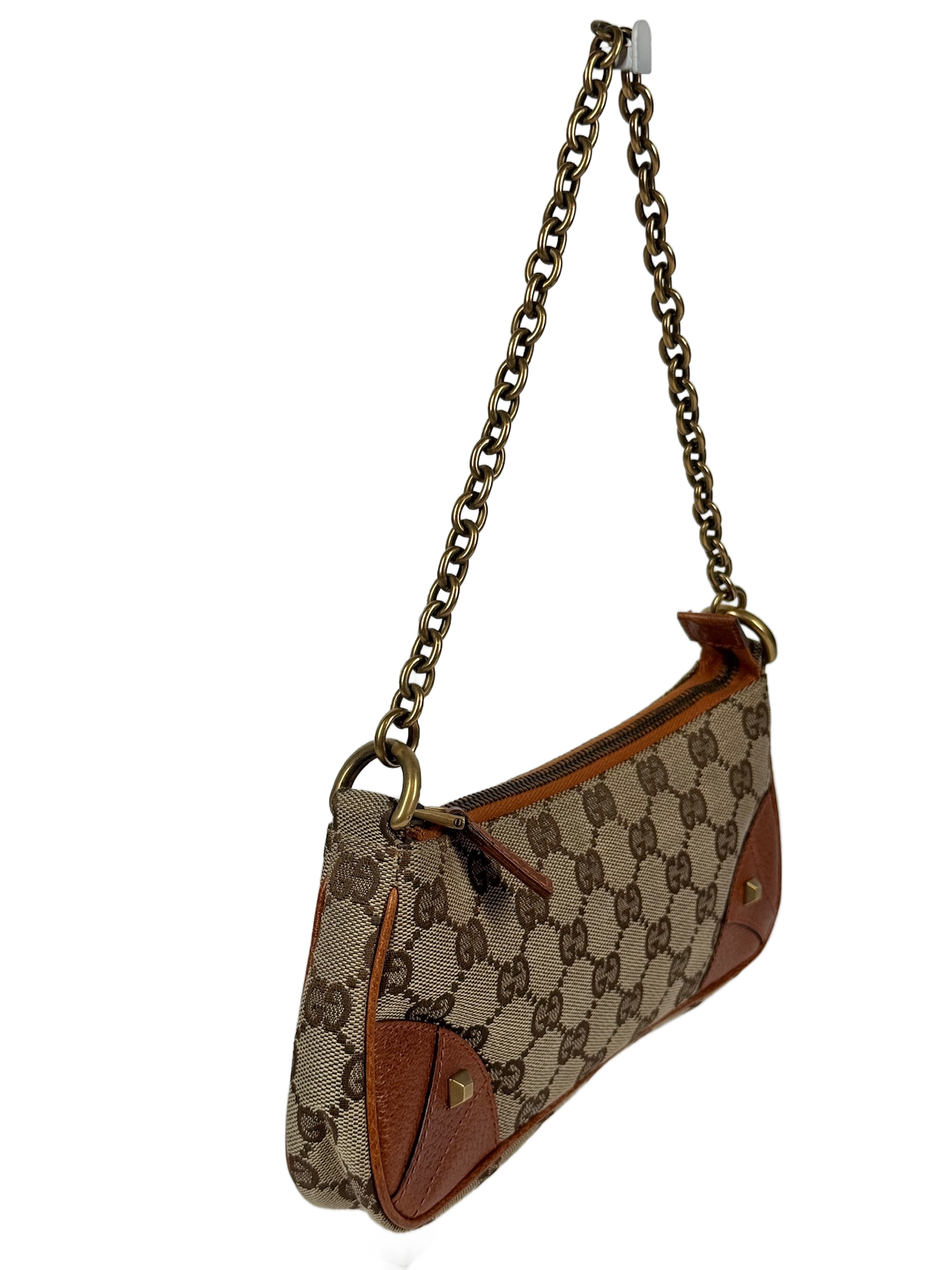 Gucci Vintage Brown GG Monogram Canvas Orange Leather Trim Chain Link Studded Shoulder Pochette Bag