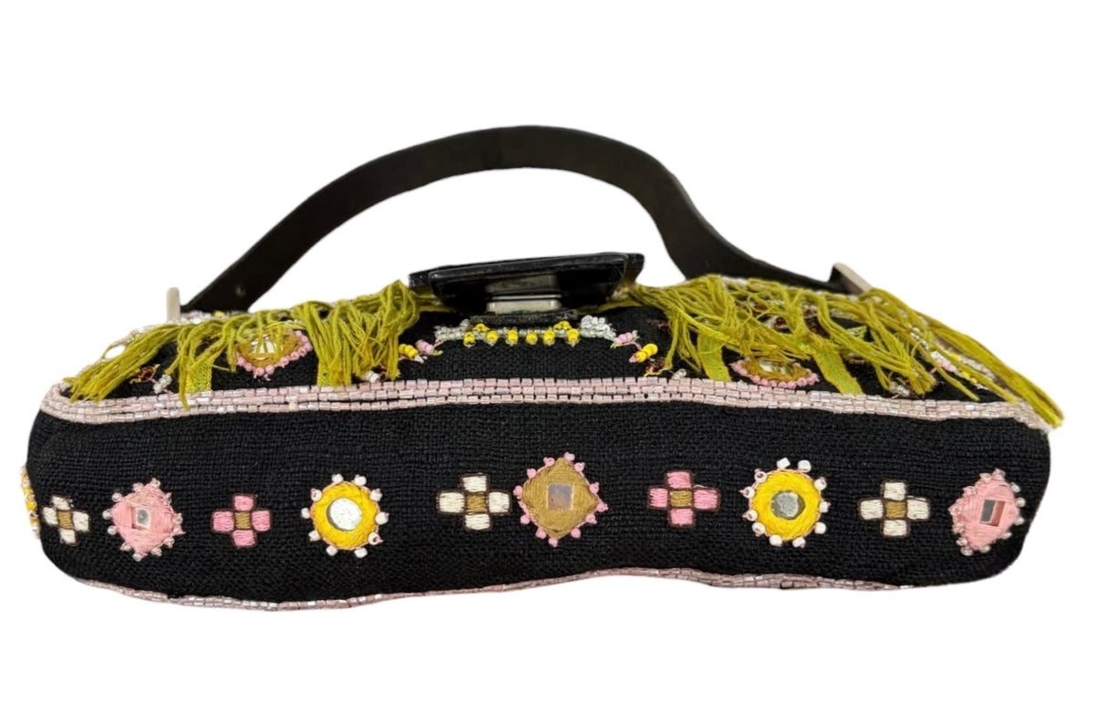 Fendi Vintage Late 90s Black Knit Embroidered Pink Beaded Green Fringe Embellished Shoulder Baguette Bag