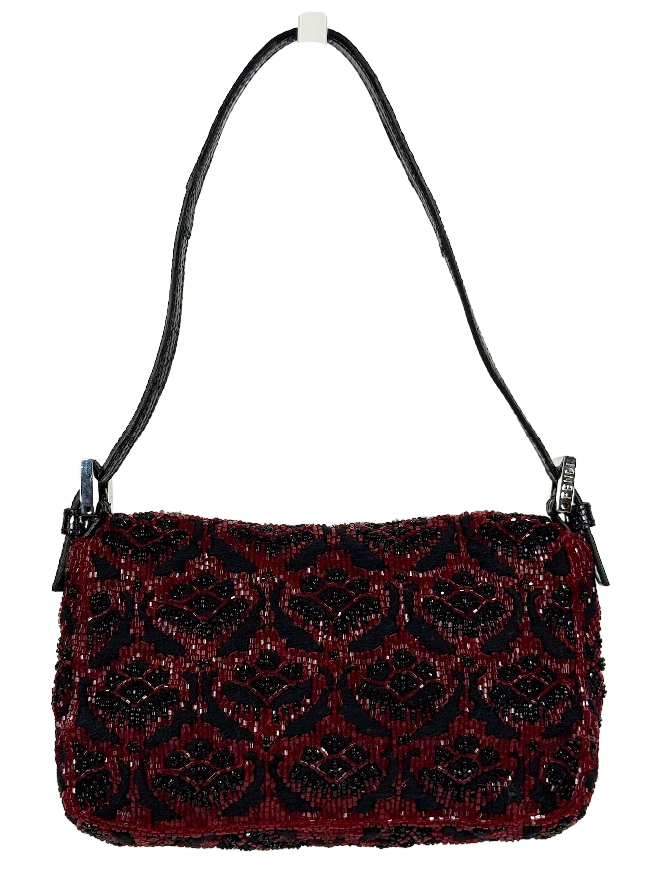Fendi Vintage Red & Black Beaded Lizard Trim Crystal Embellished Mini Baguette Bag