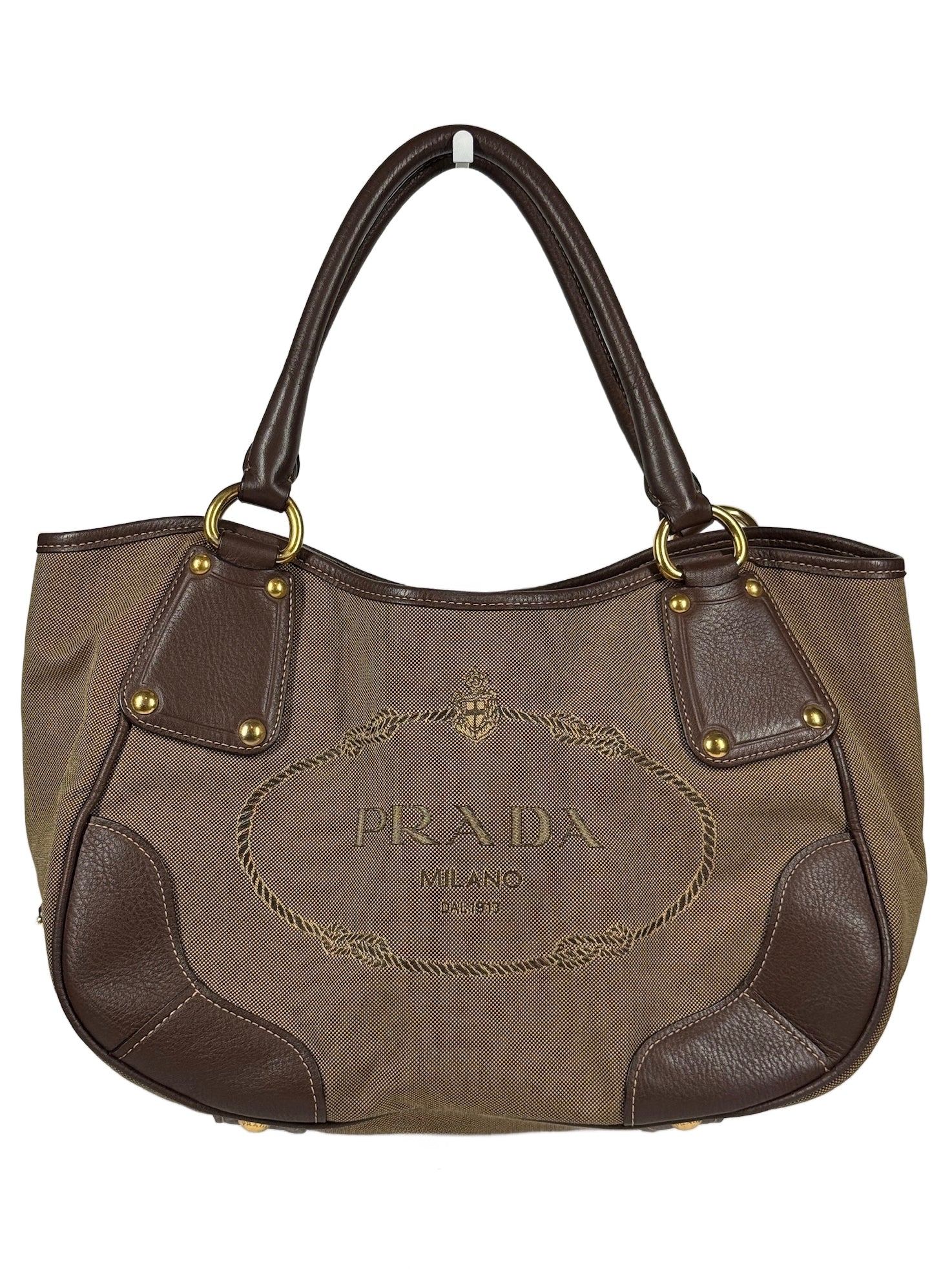 Prada Vintage Brown Jacquard Canapa Canvas Medium Shoulder Tote Bag