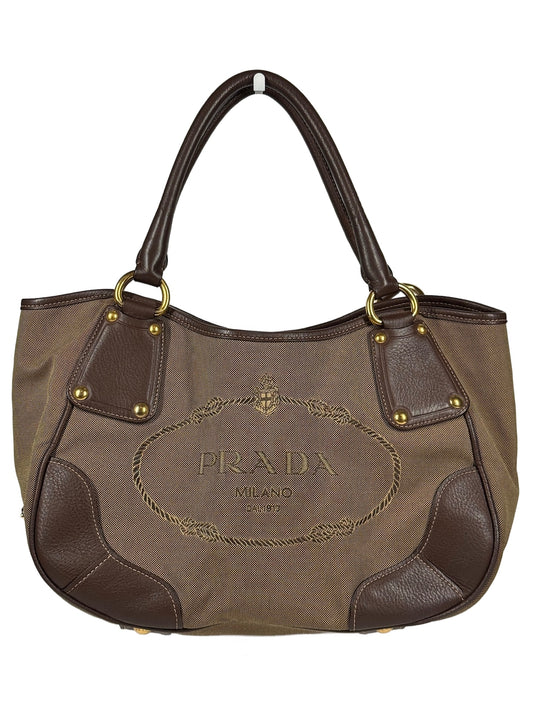 Prada Vintage Brown Jacquard Canapa Canvas Medium Shoulder Tote Bag