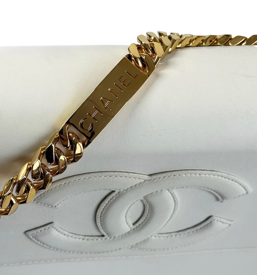 Chanel Vintage 90s White Lambskin CC Logo Top Handle Chain Bracelet Kelly Bag w 24K GPHW