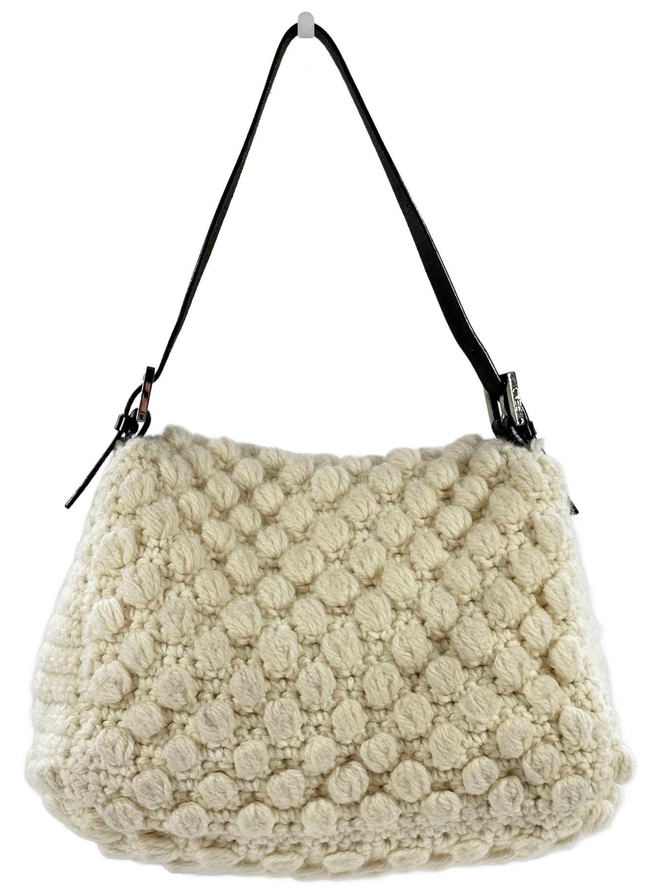 Fendi Vintage Ivory Crochet Knit Mamma Shoulder Baguette Bag