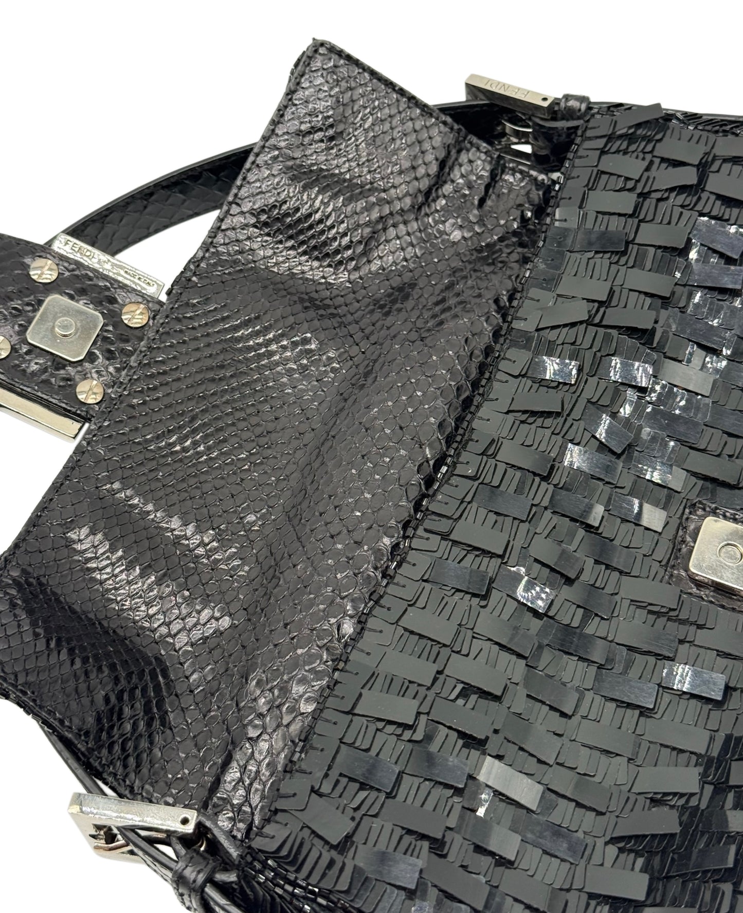 Fendi Vintage Black Palilettes Sequin & Beaded Shoulder Baguette Bag with Snakeskin Trim