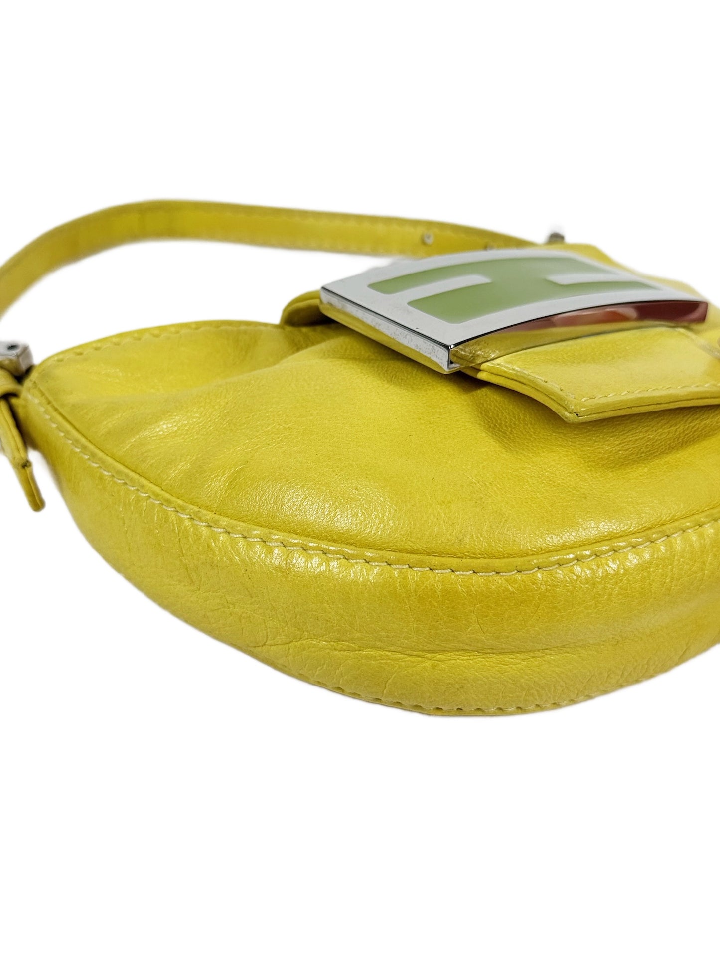 Fendi Vintage Yellow Lambskin Green Logo Mini Croissant Baguette