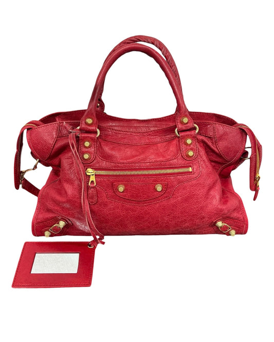 Balenciaga Vintage Red Leather Medium Motocross Classic City Bag with Gold Hardware