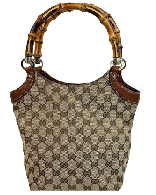 Gucci Vintage Brown GG Monogram Canvas Bamboo Handle Small Shoulder Tote Bag