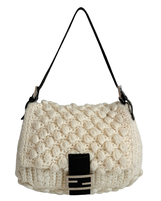 Fendi Vintage Ivory Crochet Knit Mamma Baguette Shoulder Bag