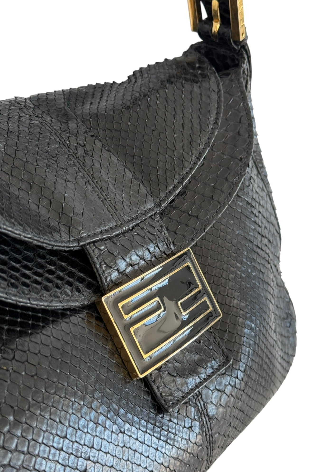 Fendi Vintage Black Python Leather Double Flap Bucket Small Hobo Shoulder Baguette Bag
