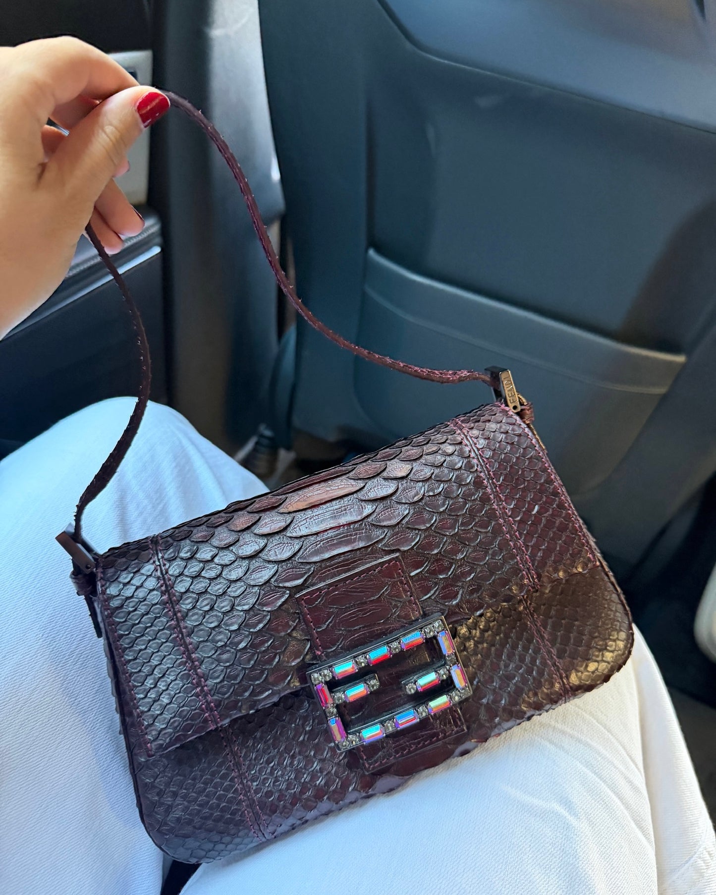 Fendi Vintage Bordeaux Python Leather Jeweled Logo Mini Mamma Shoulder Baguette Bag