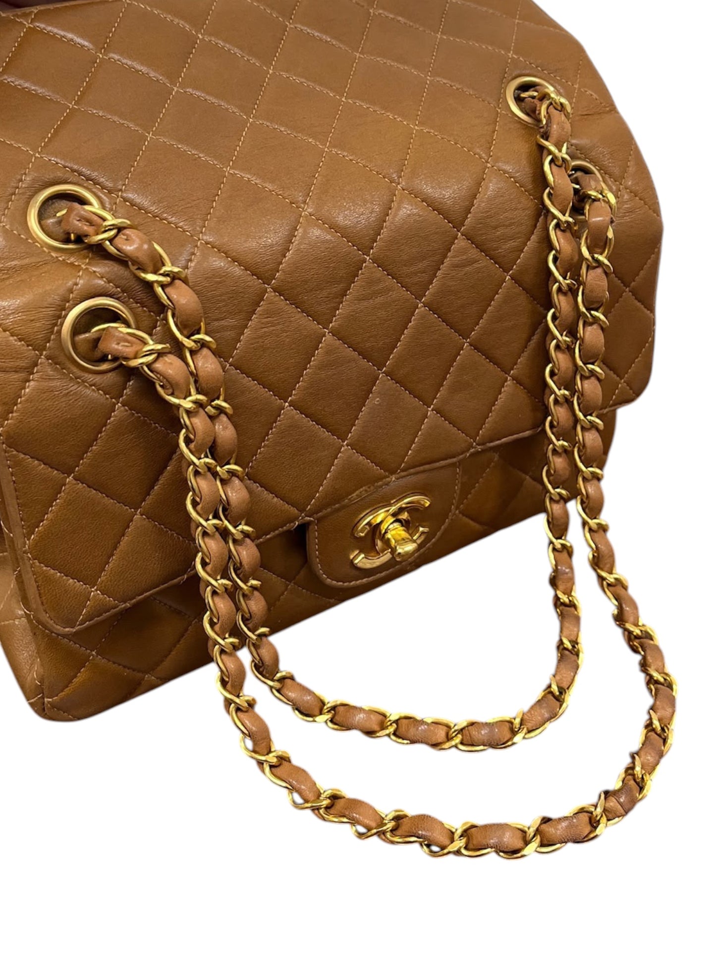 Chanel Vintage 90s Light Brown Quilted Lambskin Small Two-Faced Double Sided Classic Flap Bag with 24K Gold Plated Hardware 