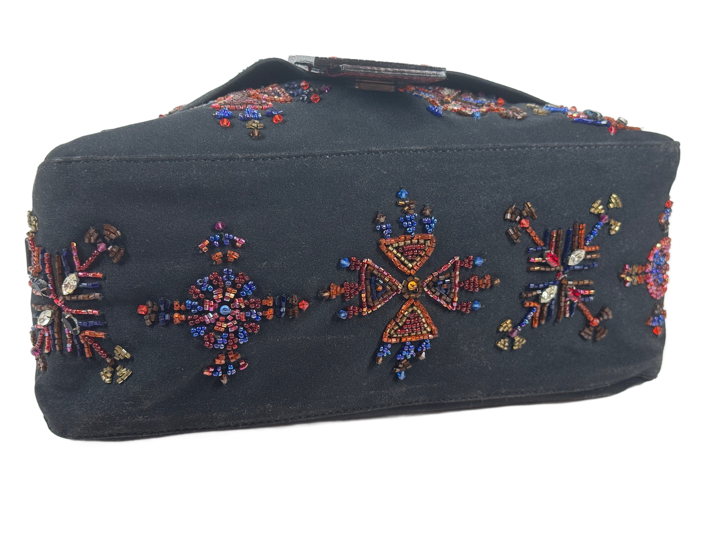 Fendi Vintage Black Nylon Embroidered Beaded Aztec Red Lizard Trim Mamma Baguette Shoulder Bag