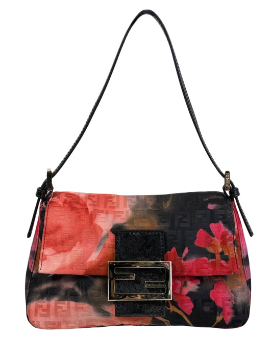 Fendi Vintage Black Multicolor Floral Zucchino Zucca Mini Mamma Shoulder Baguette Bag