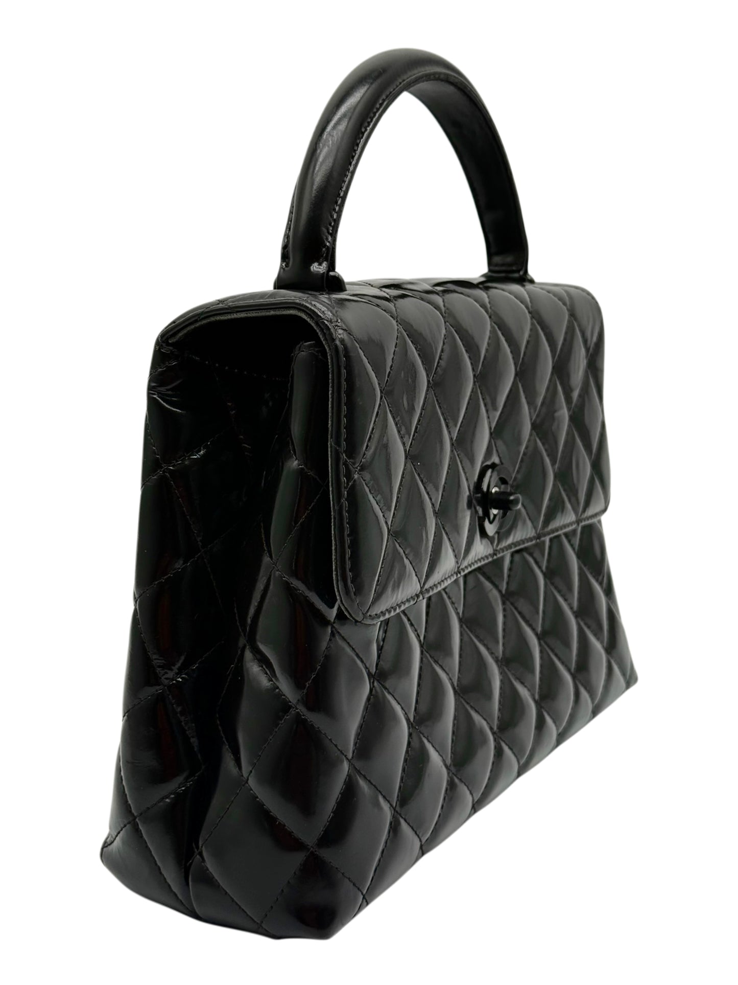 Chanel Vintage 90s Black Quilted Patent Leather So Black Hardware Small Kelly Top Handle Flap Bag