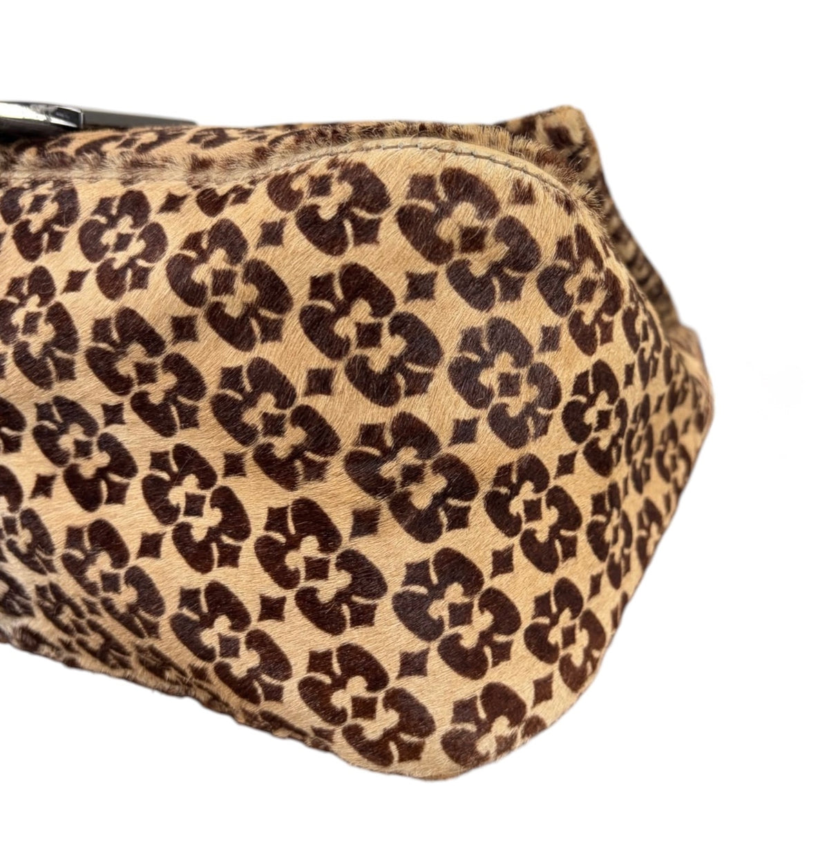 Fendi Vintage Light Beige Brown Geometric Print Pony Hair Shoulder Mamma Baguette Bag