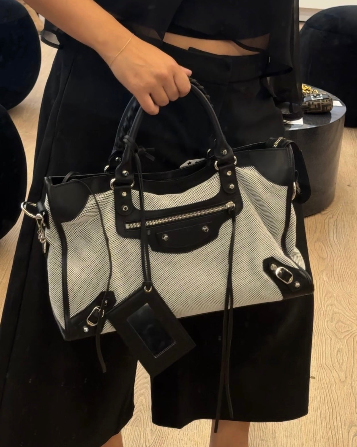 Balenciaga Black & White Canvas Leather Trim Motocross Classic Medium City Bag