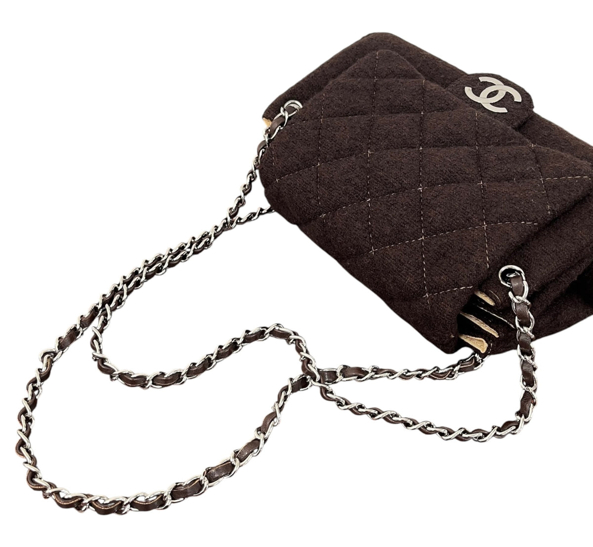 Chanel Vintage 2004-2005 Brown Quilted Wool Square Season Shoulder Flap Bag