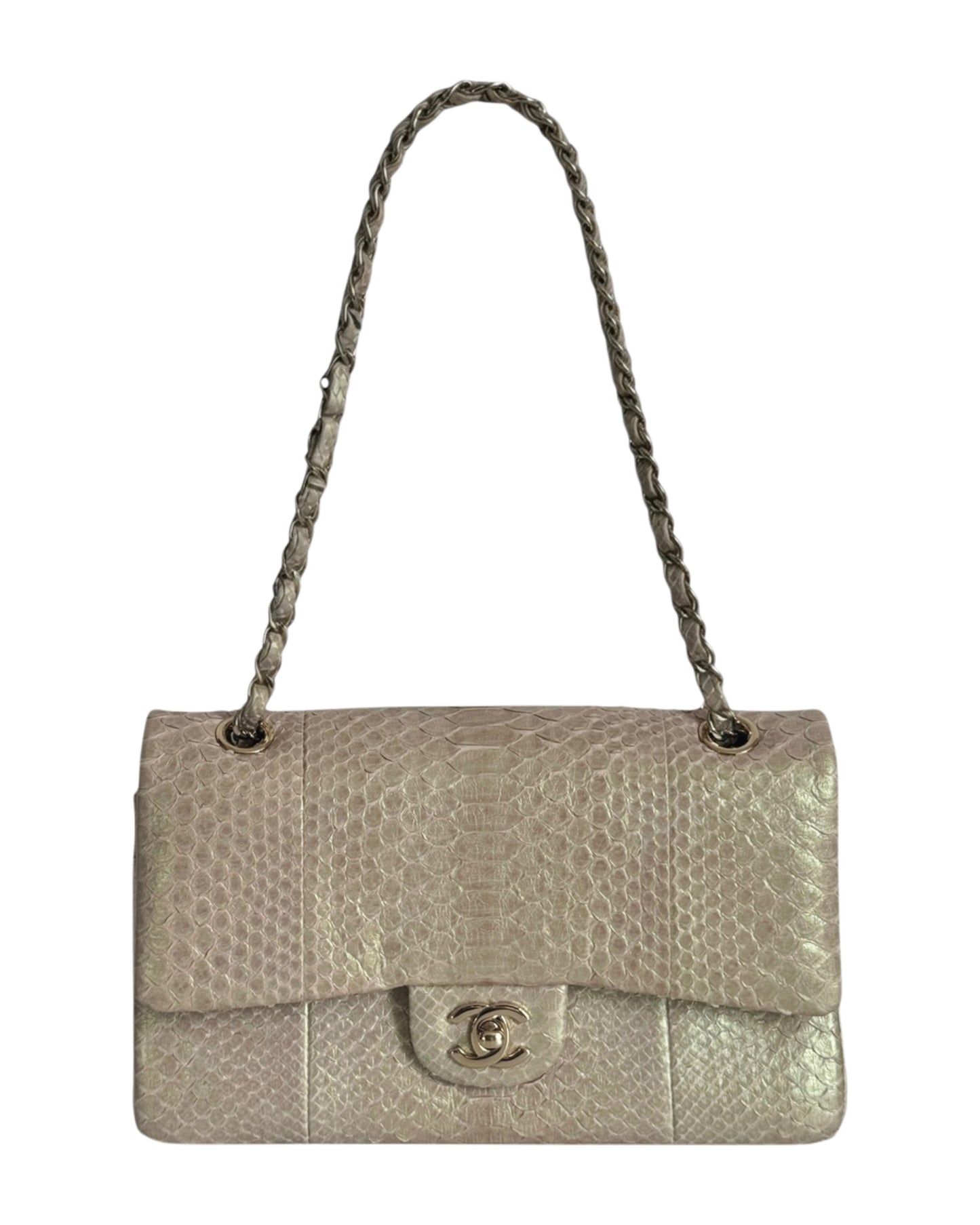 Chanel Iridescent Beige & Pink Python Classic Medium Double Flap Bag with Champagne Gold Hardware 