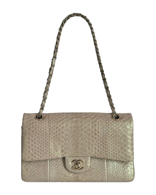 Chanel Iridescent Beige & Pink Python Classic Medium Double Flap Bag with Champagne Gold Hardware 