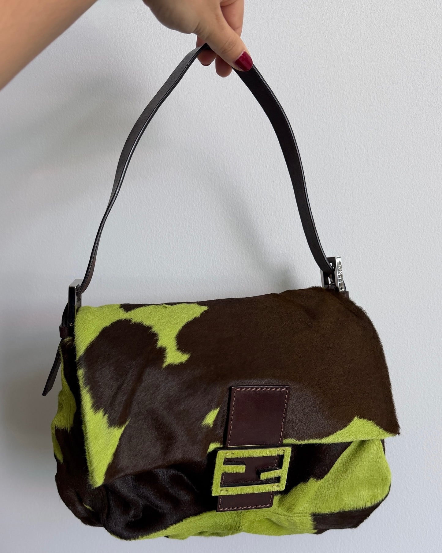 Fendi Vintage Green Pony Hair Cow Print Mamma Baguette Shoulder Bag 
