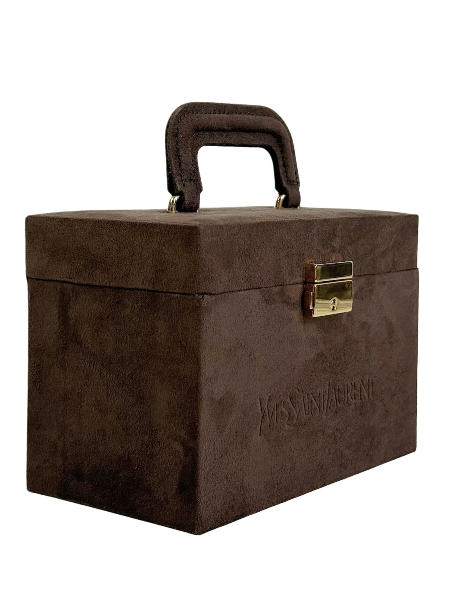YSL / Yves Saint Laurent Vintage Brown Suede Mini Trunk Vanity Jewelry Case Box