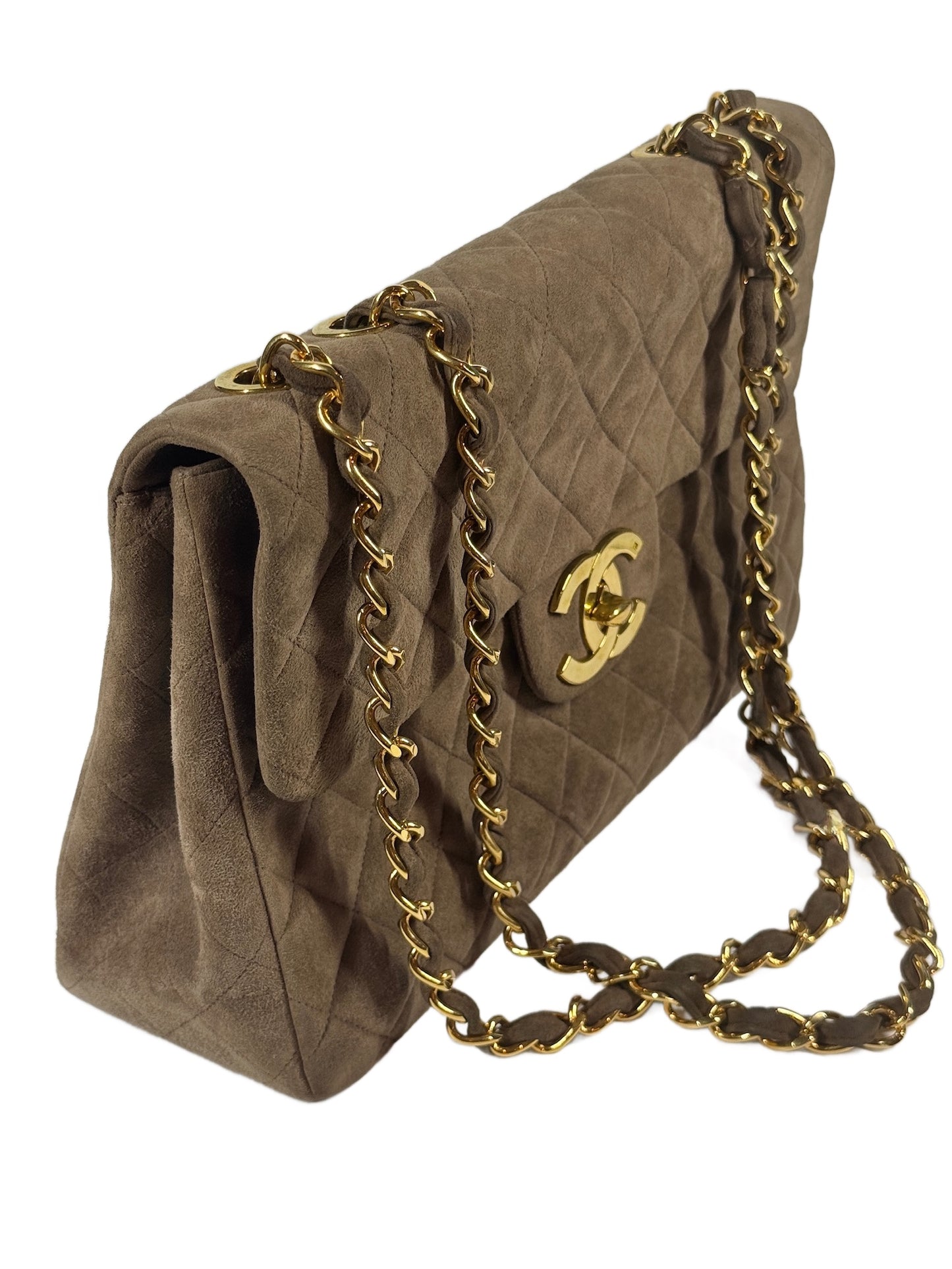 Chanel Vintage 90s Brown Quilted Suede Jumbo CC Shoulder Classic Single Flap Bag