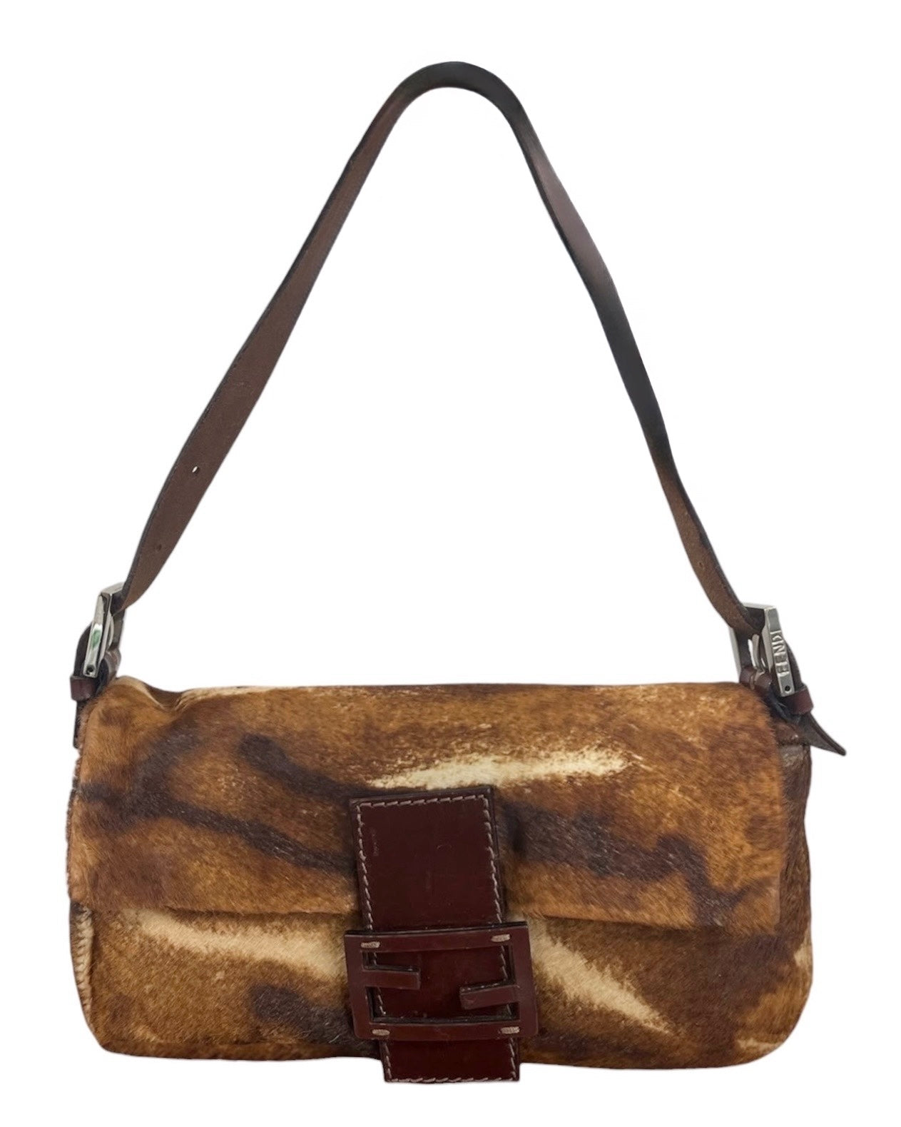 Fendi Vintage Brown Animal Print Pony Hair Shoulder Baguette Bag
