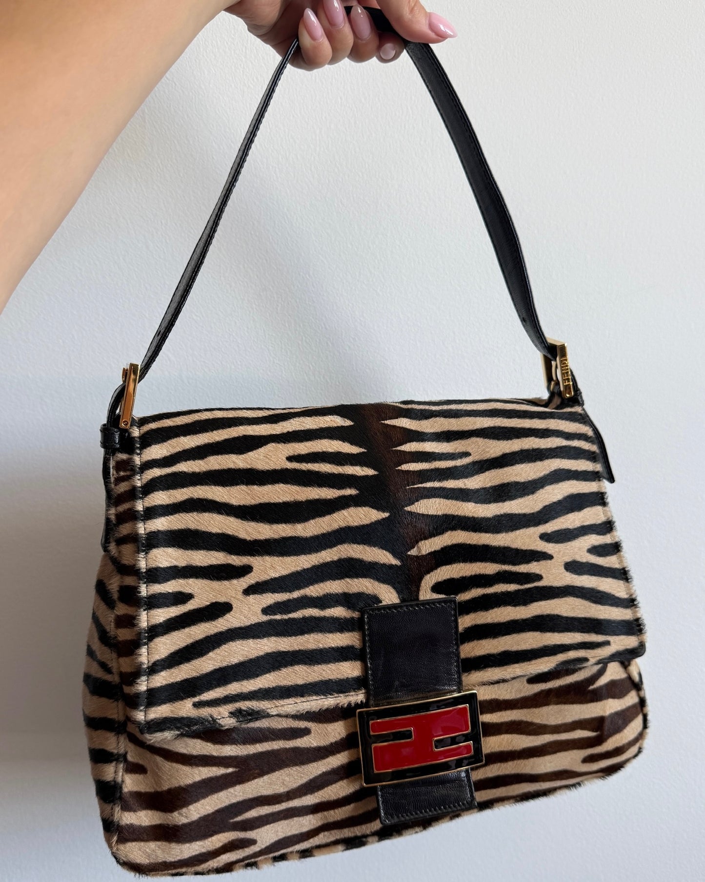 Fendi Vintage Zebra Print Pony Hair Mamma Baguette Shoulder Bag with Red Enamel Trim