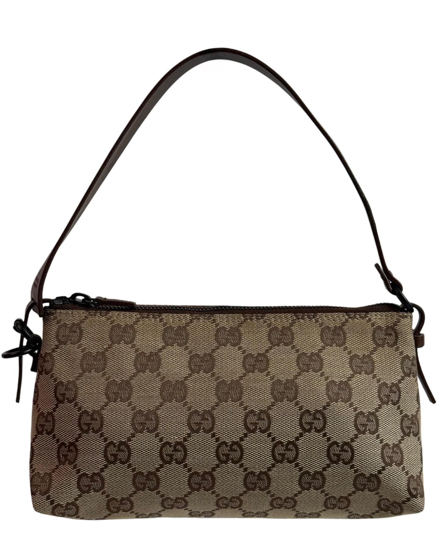 Gucci Vintage Brown GG Monogram Dark Brown Leather Trim Small Pochette Bag