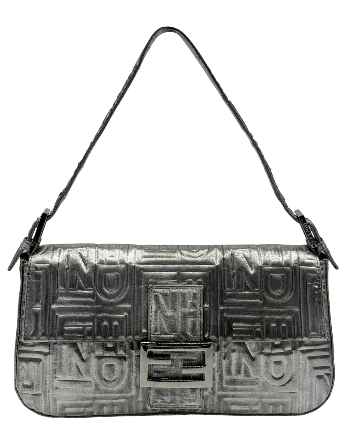 Fendi Vintage Metallic Silver Nappa Embossed Logo Mesh Shoulder Baguette Bag