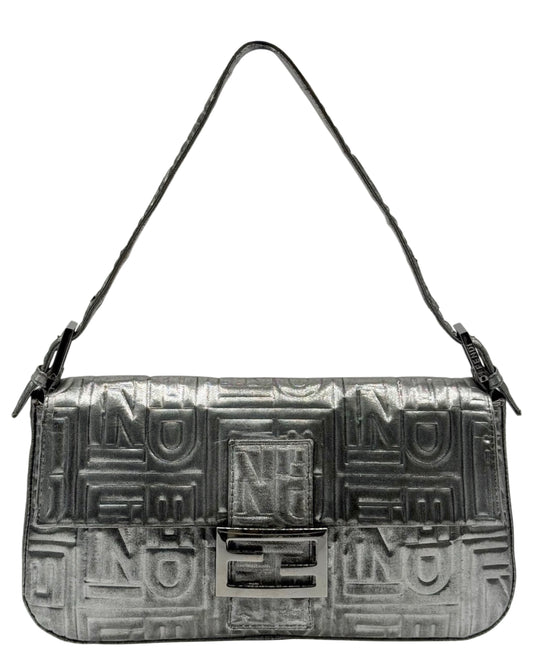 Fendi Vintage Metallic Silver Nappa Embossed Logo Mesh Shoulder Baguette Bag