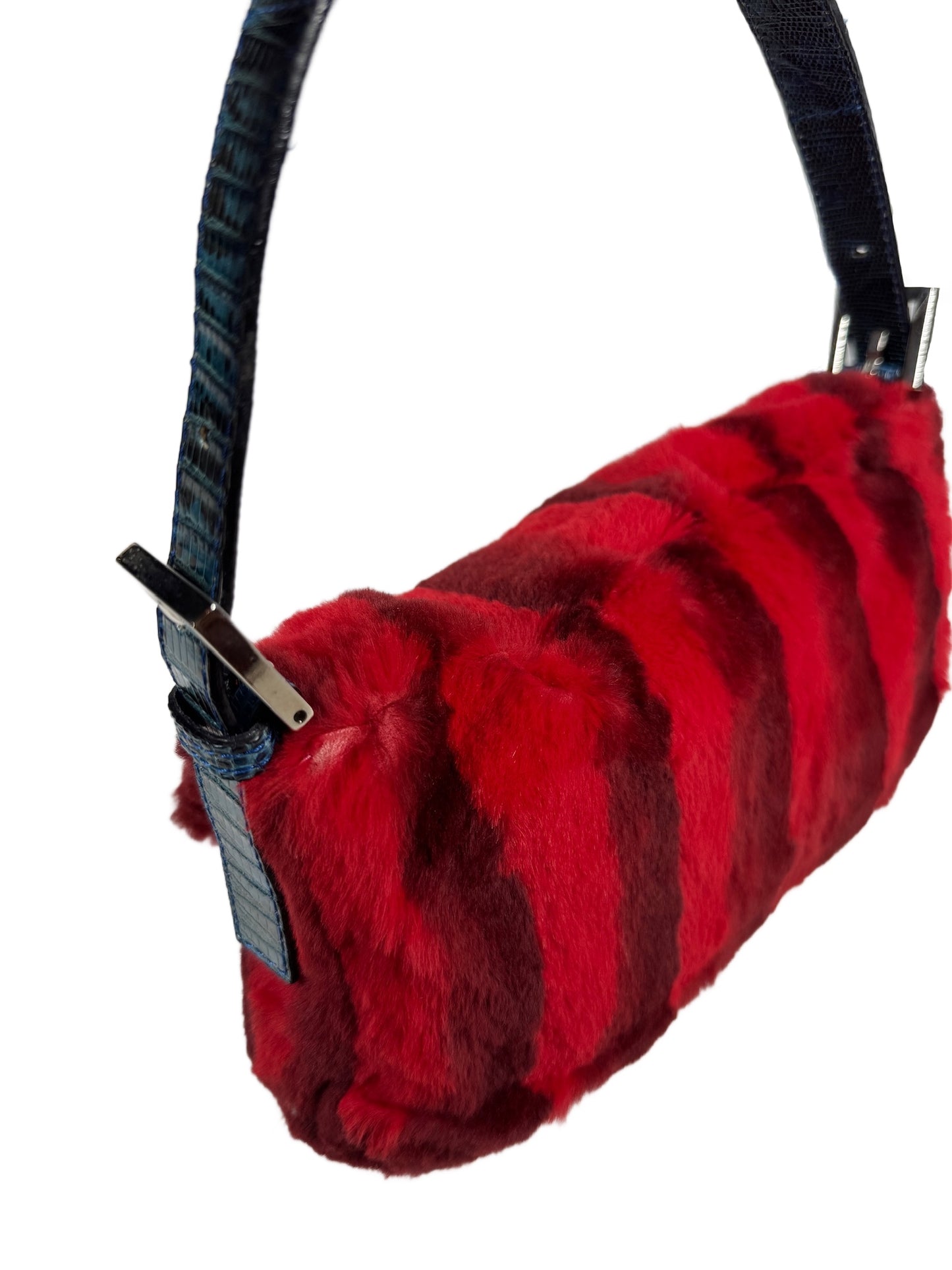 Fendi Vintage Red Rabbit Fur Blue Lizard Trim Shoulder Baguette Bag