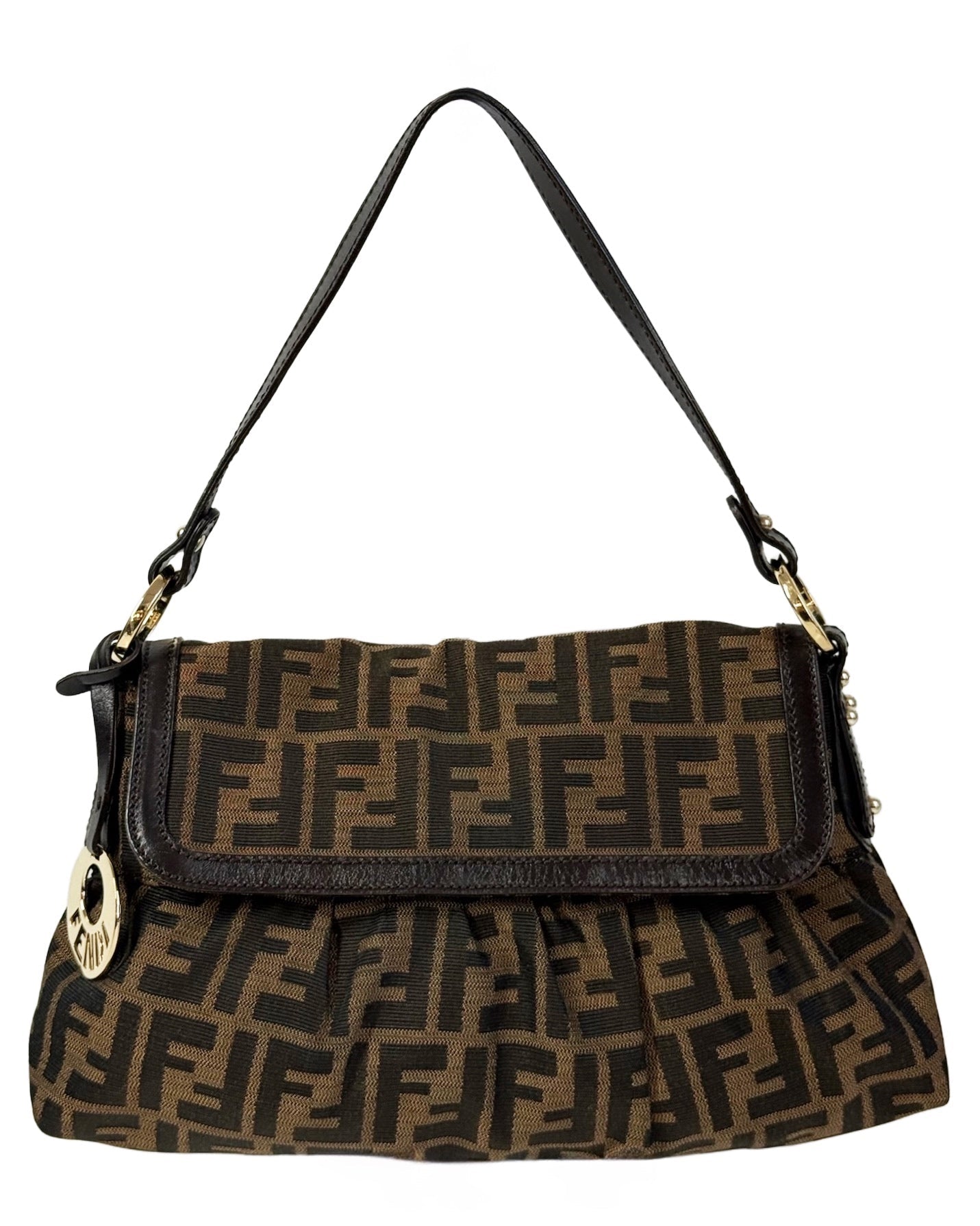 Fendi Vintage Brown Zucca Monogram Canvas Medium Chef Shoulder Baguette Bag