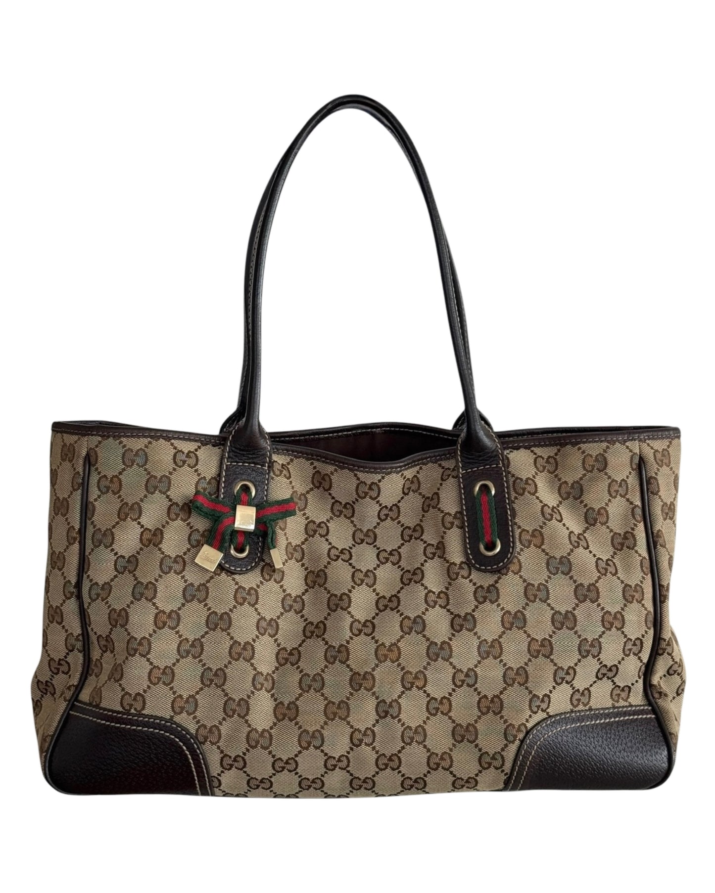 Gucci Vintage Brown GG Monogram Princy Medium Shoulder Tote Bag with Webb Stripe Bow