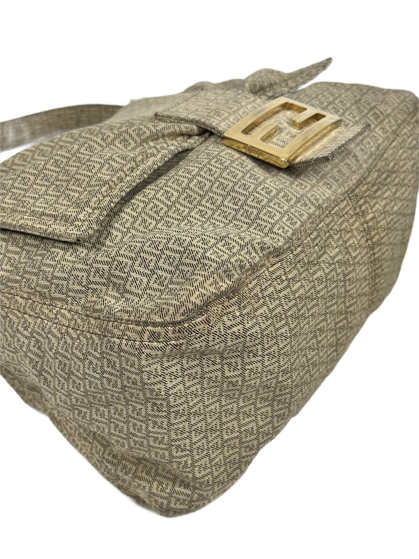 Fendi Vintage Grey Beige Zucchino Canvas Mama Baguette Shoulder Bag