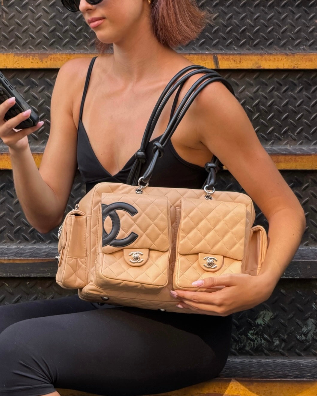 Chanel Vintage 00s Beige Quilted Lambskin Black CC Cambon Large Reporter Shoulder Bag
