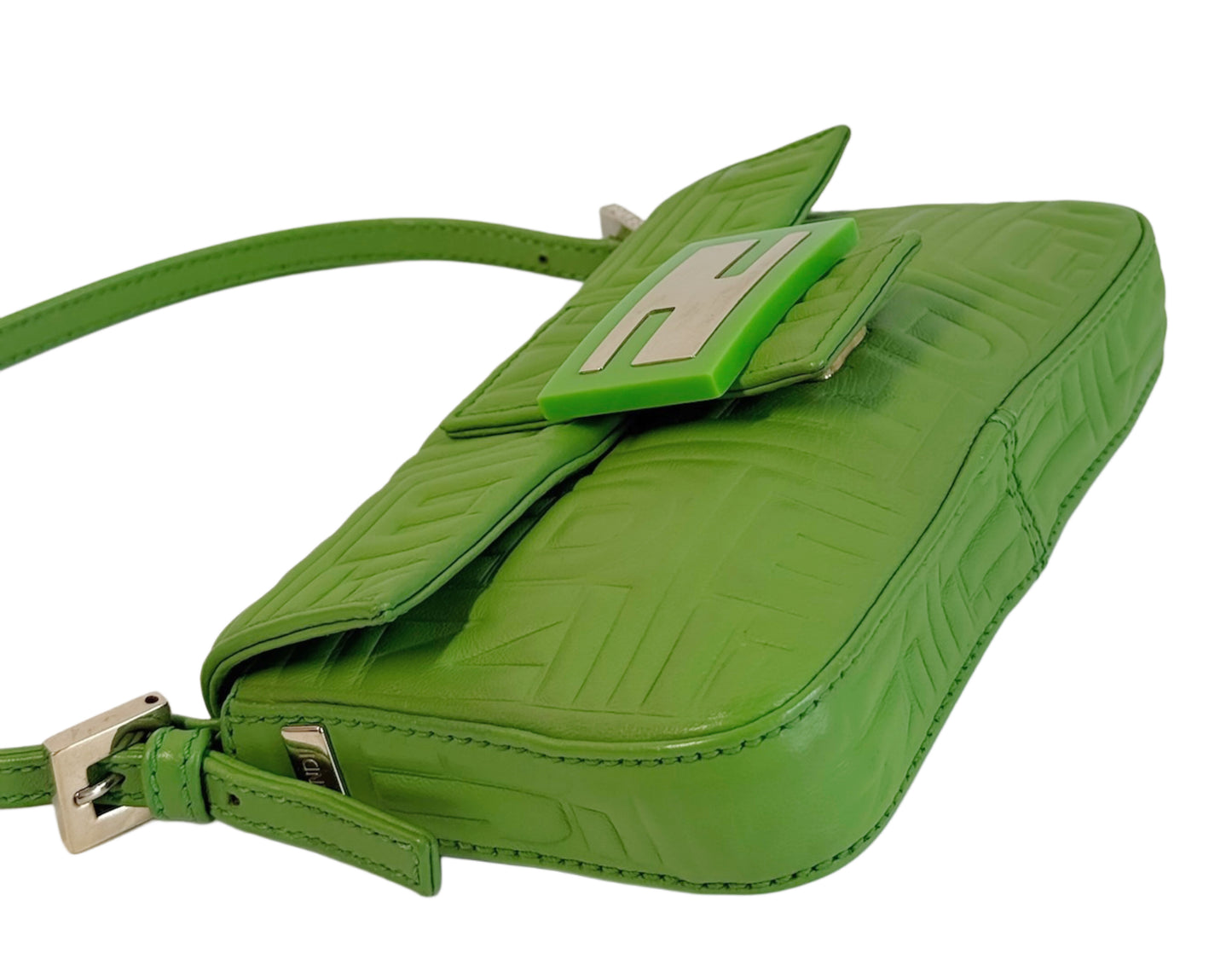 Fendi Vintage Green Nappa Embossed Logo Leather Shoulder Mini Baguette Shoulder Bag