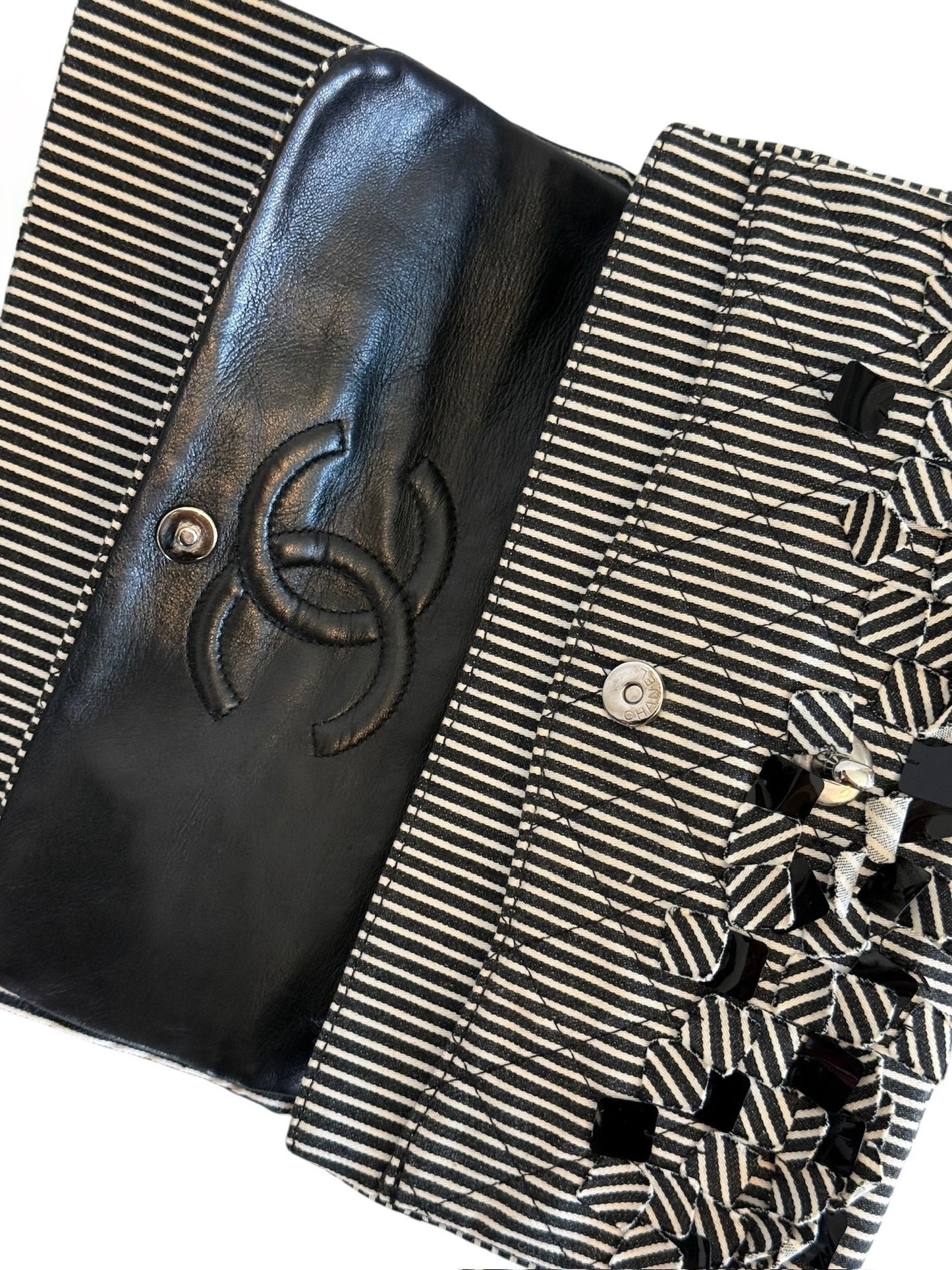 Chanel Vintage 2008 Black & White Striped Quilted Canvas Sequin Medium Classic Double Flap Bag