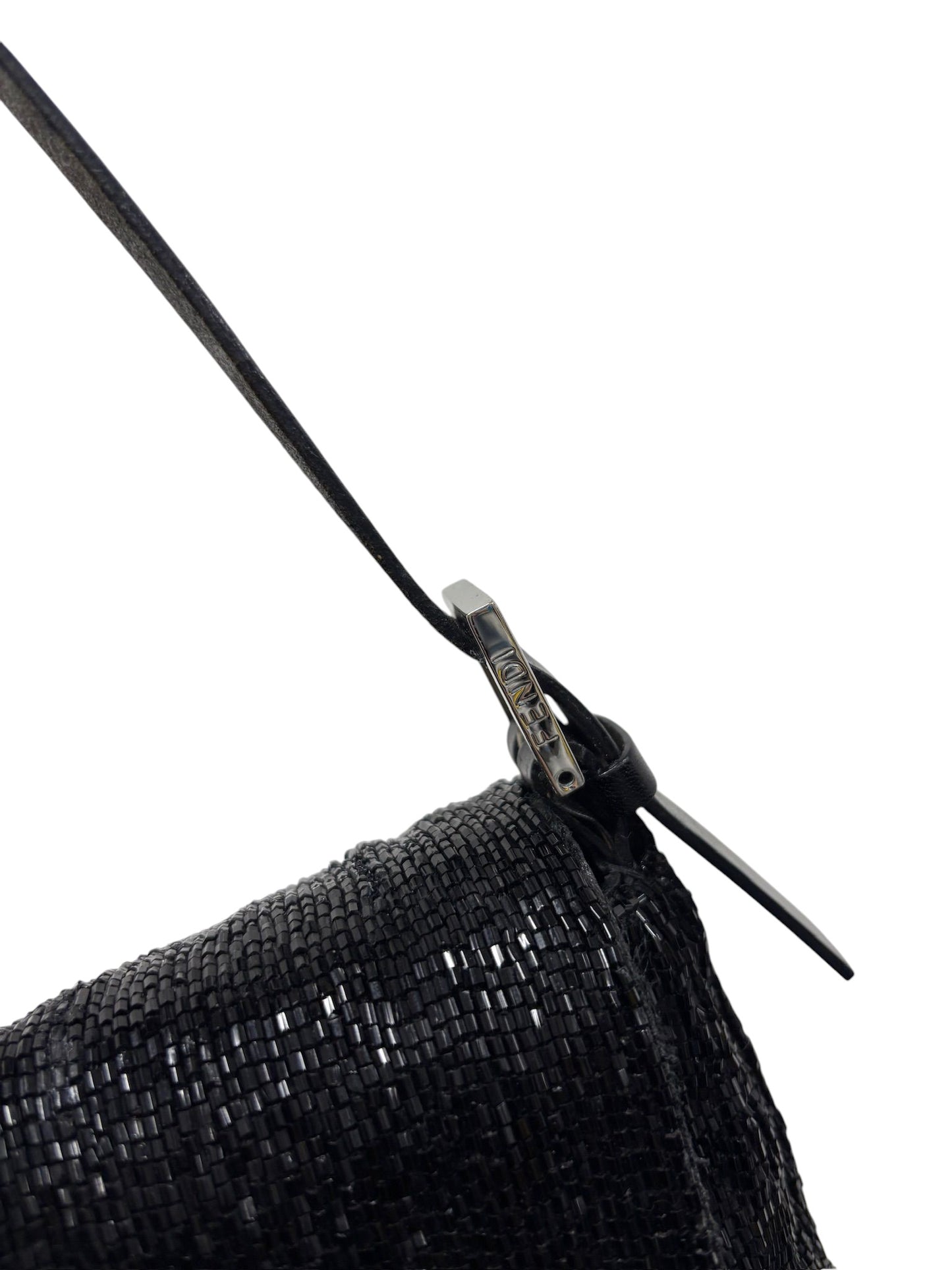 Fendi Vintage Black Beaded Leather Trim Mamma Baguette Shoulder Bag